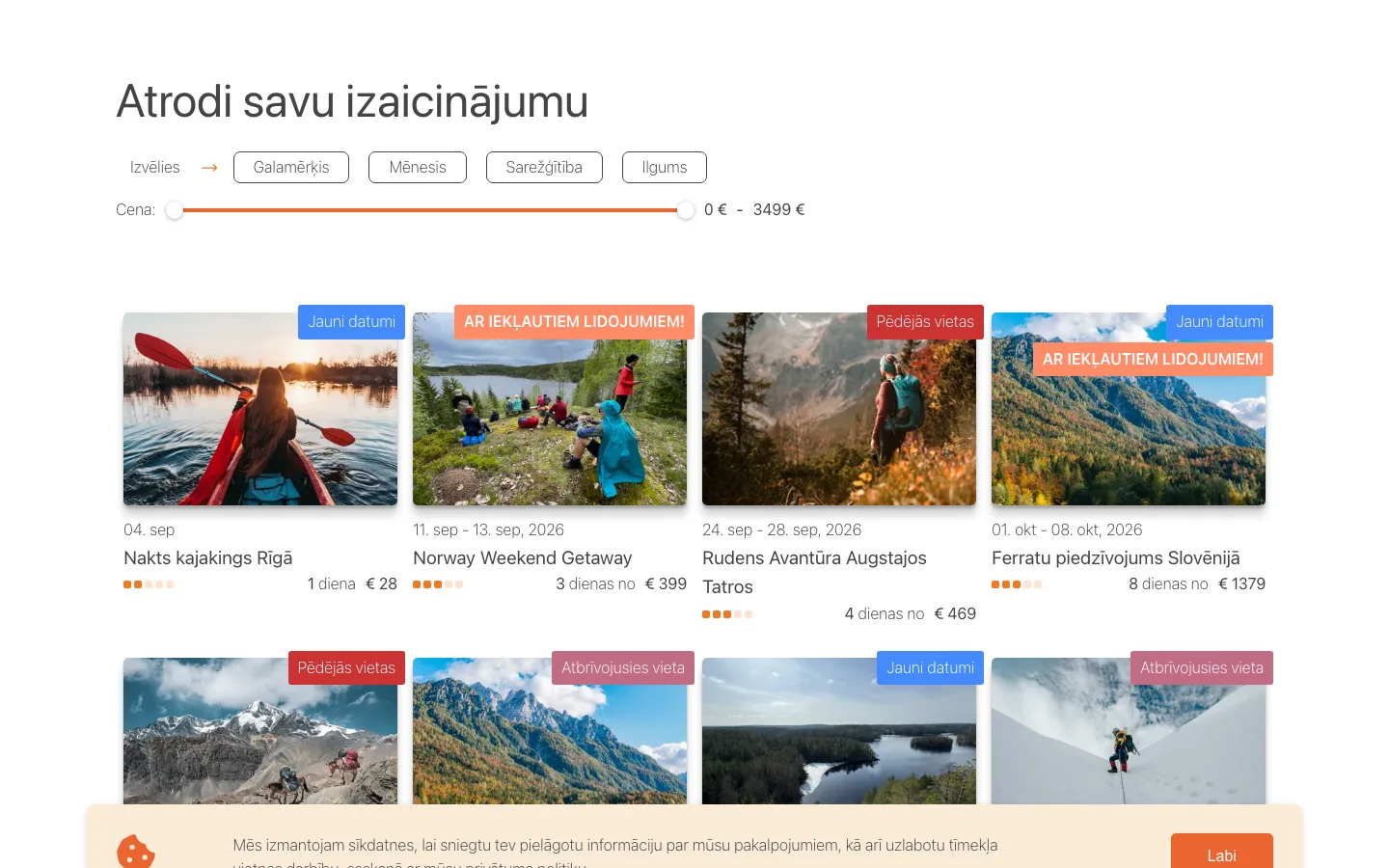 Vecā vietne — Braucienu katalogs: pirms — četri filtri un cenas slīdnis; p